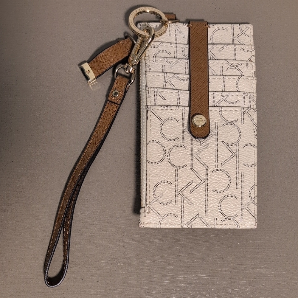 Calvin Klein Cream and Brown Monogram Wristlet Wallet